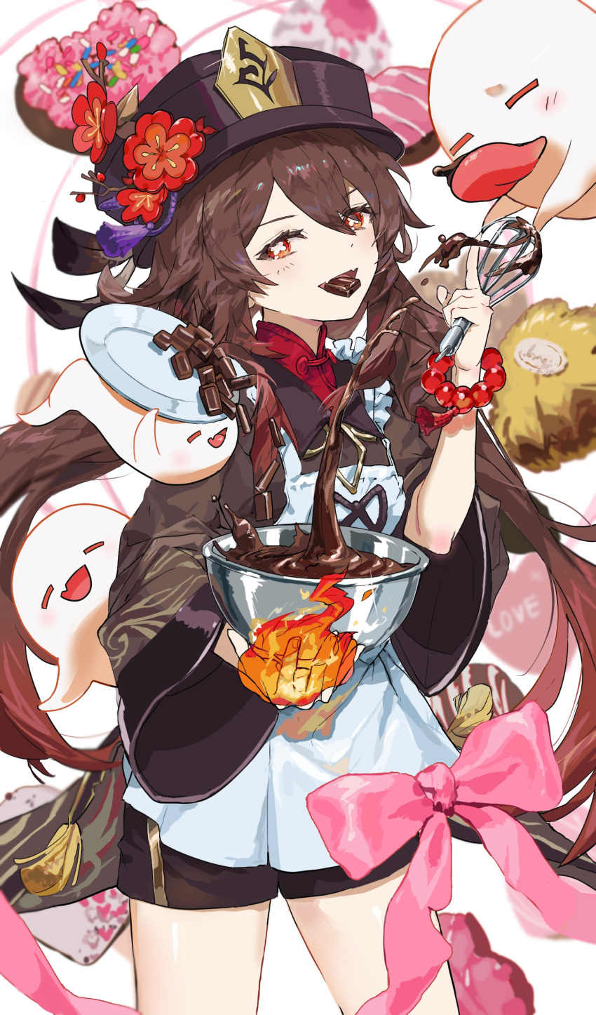 1girl 3others :d apron bangs bead_bracelet beads black_shorts blurry boo_tao_(genshin_impact) bowl bracelet brown_hair candy chinese_clothes chocolate chocolate_bar commentary depth_of_field dual_wielding fire flower food genshin_impact ghost hair_between_eyes hat hat_flower hat_ornament highres holding holding_bowl holding_whisk hu_tao_(genshin_impact) jewelry long_hair long_sleeves looking_at_viewer mirae mouth_hold multiple_others orange_eyes plate porkpie_hat short_shorts shorts sidelocks smile symbol-only_commentary symbol-shaped_pupils twintails valentine whisk