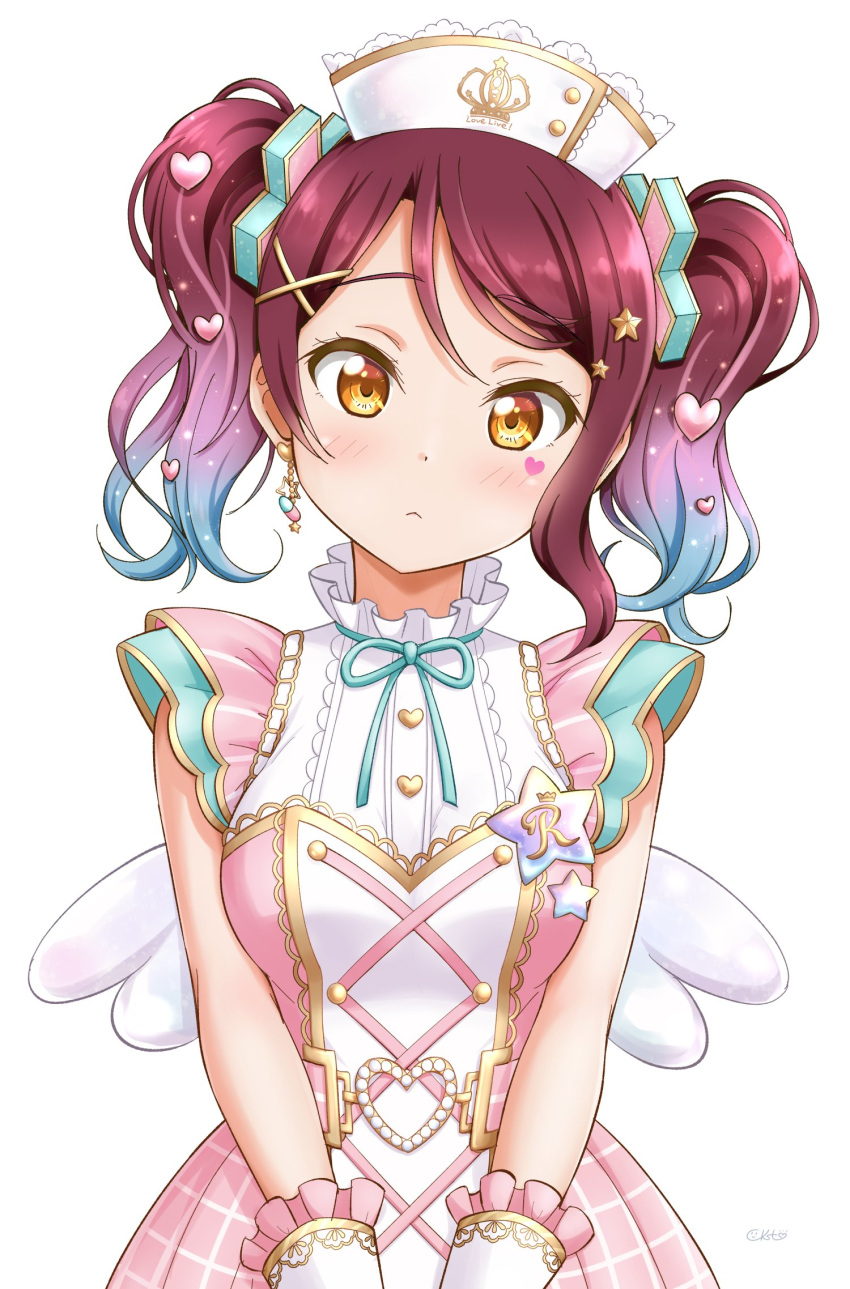 1girl :&lt; bangs blue_hair ckst commentary dress eye_tattoo gradient_hair hair_ornament hat head_tilt heart heart_belt heart_hair_ornament heart_tattoo highres looking_at_viewer love_live! love_live!_school_idol_festival_all_stars love_live!_sunshine!! low_wings medium_hair multicolored_hair nurse_cap official_alternate_costume pink_dress redhead sakurauchi_riko short_sleeves signature simple_background single_sidelock solo straight-on string_tie tattoo twintails upper_body v_arms white_background white_headwear wings yellow_eyes