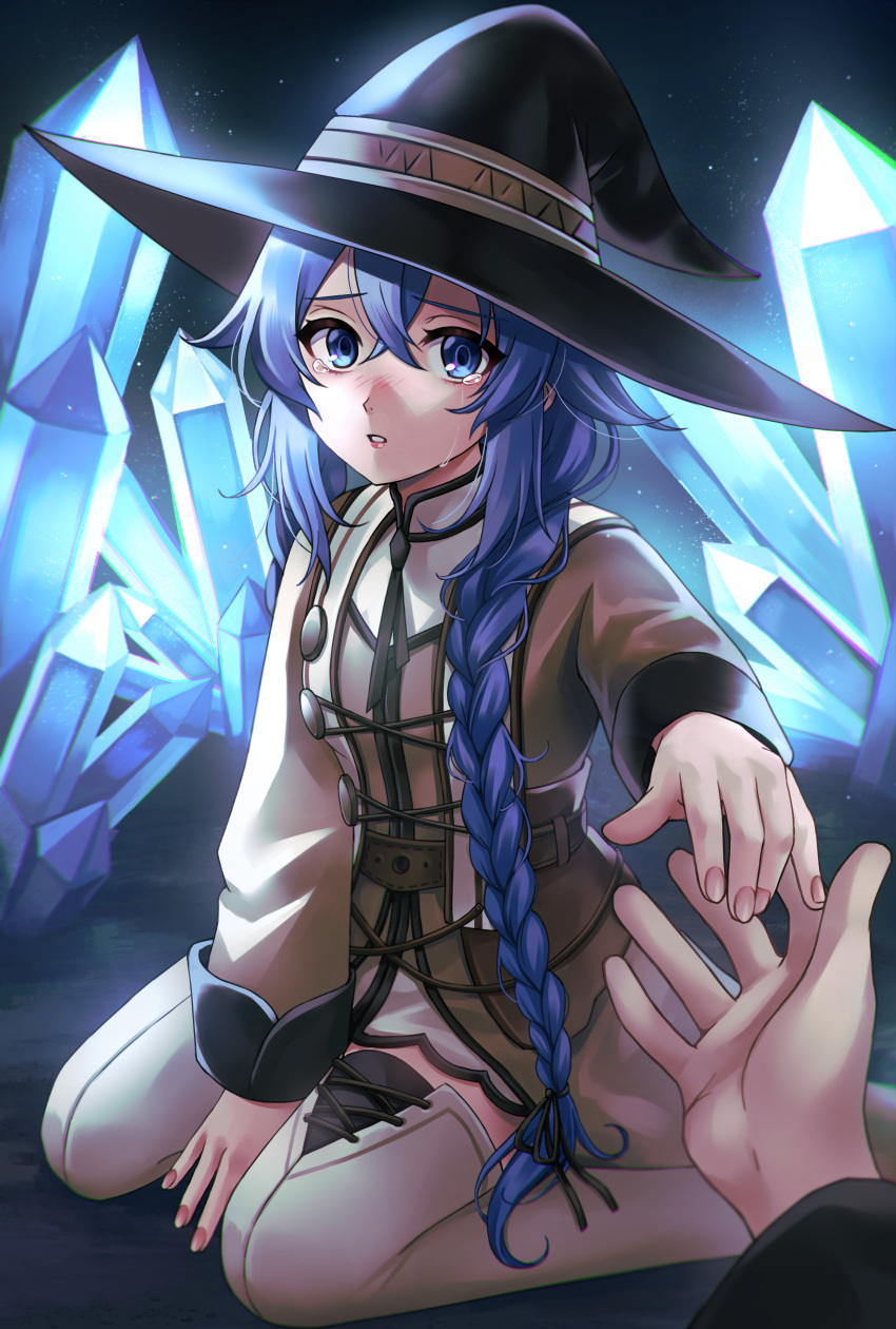 1boy 1girl absurdres bangs belt black_ribbon blue_hair boots braid breasts crossed_bangs crying crying_with_eyes_open crystal dress elisabetlis english_commentary fingernails glowing glowing_crystal hair_between_eyes hair_ribbon hat highres kneeling long_braid long_hair long_sleeves looking_at_viewer mushoku_tensei on_ground parted_lips pov ribbon roxy_migurdia rudeus_greyrat small_breasts spoilers tears thigh_boots twin_braids underground very_long_hair