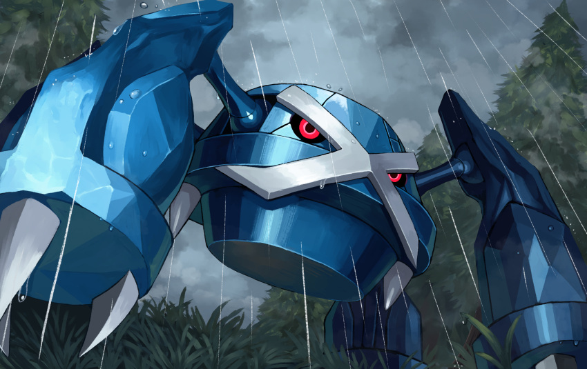 black_eyes claws clouds colored_sclera dark_clouds forest full_body highres looking_ahead metagross nature no_humans on_grass outdoors pokemon pokemon_(creature) rain red_sclera sky solo tesshii_(riza4828) tree water_drop wet