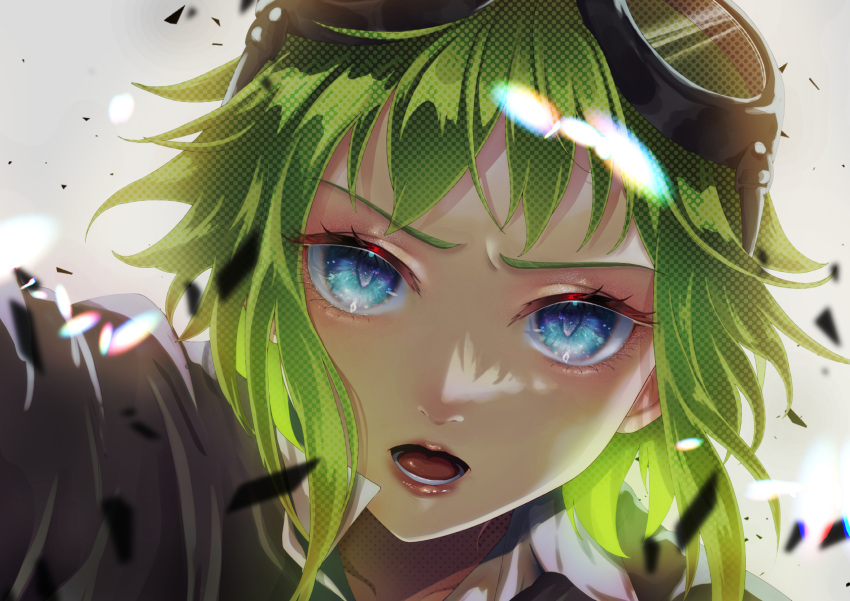 1girl bangs blue_eyes blush chromatic_aberration close-up collared_shirt goggles goggles_on_head green_hair gumi highres lips looking_at_viewer mosaic_roll_(vocaloid) open_mouth popped_collar s0ul20 shirt short_hair solo v-shaped_eyebrows vocaloid