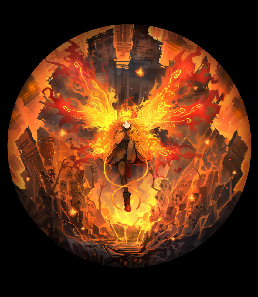 1girl arm_on_knee black_skirt boots e.g.o_(project_moon) fiery_hair fiery_wings fire floating hair_ornament highres ishmael_(limbus_company) jacket knee_up leggings limbus_company long_hair looking_to_the_side official_art orange_eyes orange_hair orange_jacket project_moon skirt solo wide_shot wings