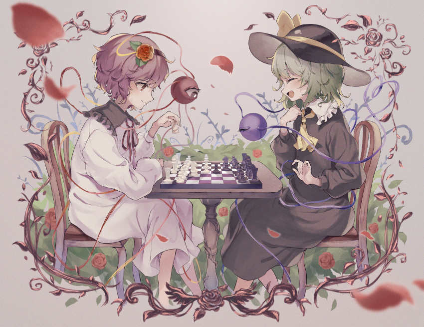 2girls :d absurdres alternate_costume ascot bishop_(chess) black_dress black_hairband black_headwear board_game chess chess_piece chessboard closed_mouth collared_dress commission commissioner_upload dress facing_another feet_out_of_frame flower frilled_shirt_collar frills green_eyes green_hair hair_flower hair_ornament hairband hands_up hat highres holding_chess_piece king_(chess) knight_(chess) komeiji_koishi komeiji_satori leaf long_sleeves multiple_girls neck_ribbon non-web_source on_chair open_mouth pawn_(chess) petals pink_eyes pink_hair queen_(chess) red_flower red_ribbon red_rose ribbon rook_(chess) rose rose_bush rose_petals sekisei_(superego51) short_hair siblings sisters sitting skeb_commission smile third_eye thorns touhou white_dress yellow_ascot
