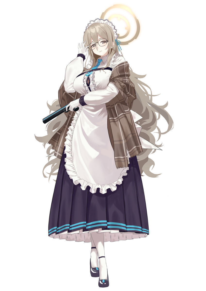 1girl absurdres adjusting_eyewear akane_(blue_archive) apron black_footwear blue_archive blue_necktie bocchi_(kuropom7) brown_eyes brown_shawl closed_mouth frilled_apron frills full_body gloves gun halo handgun highres holding holding_gun holding_weapon light_brown_hair long_hair looking_at_viewer maid_headdress necktie plaid_shawl shawl simple_background smile socks solo weapon welrod_mk2 white_apron white_background white_gloves white_socks