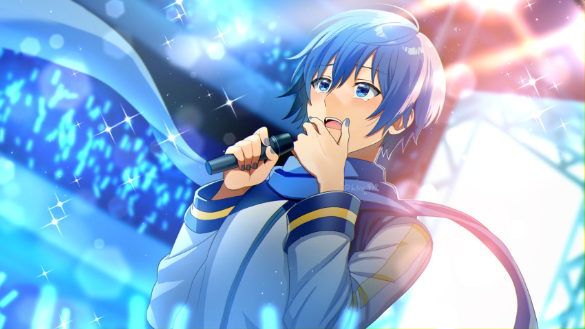 1boy blue_eyes blue_hair blue_nails blue_scarf concert fingernails glowstick hand_on_own_face happy_tears highres holding holding_microphone kaito_(vocaloid) kikuchi_mataha light_blush long_coat male_focus microphone nail_polish open_mouth scarf short_hair solo sparkle surprised tearing_up tears teeth upper_teeth_only vocaloid