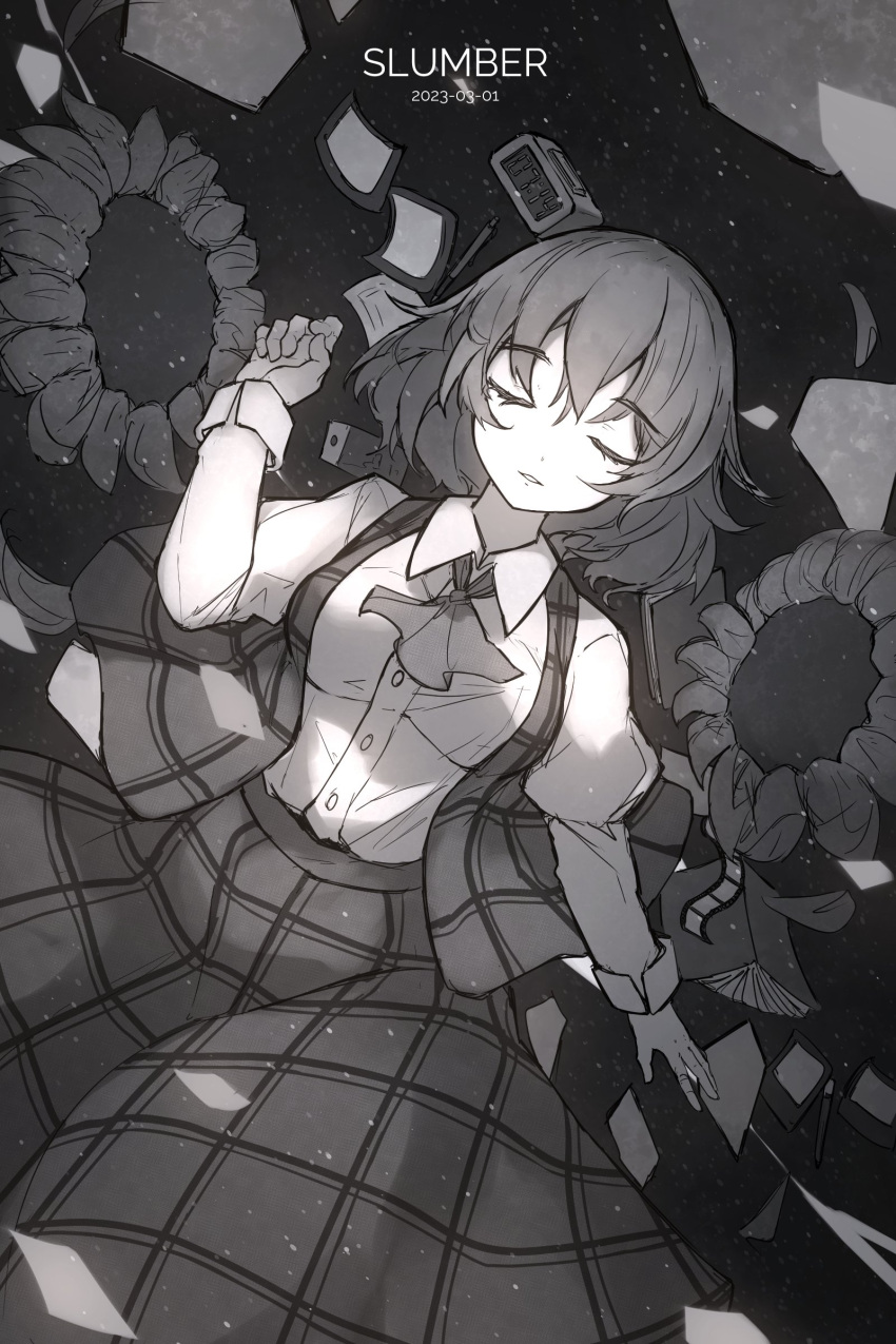 1girl absurdres ascot bangs breasts chiroru_(cheese-roll) closed_eyes collared_shirt dated english_text facing_viewer flower greyscale highres kazami_yuuka long_sleeves monochrome parted_lips plaid plaid_skirt plaid_vest shirt short_hair skirt solo sunflower touhou vest