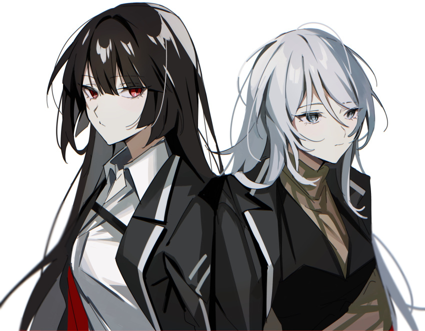 2girls alternate_hair_length alternate_hairstyle black_hair black_jacket collared_shirt faust_(limbus_company) formal grey_eyes highres jacket limbus_company long_hair looking_at_viewer mu46016419 multiple_girls open_clothes open_jacket project_moon red_eyes ryoshu shirt simple_background suit sweater sweater_under_jacket turtleneck turtleneck_sweater white_background white_hair white_shirt