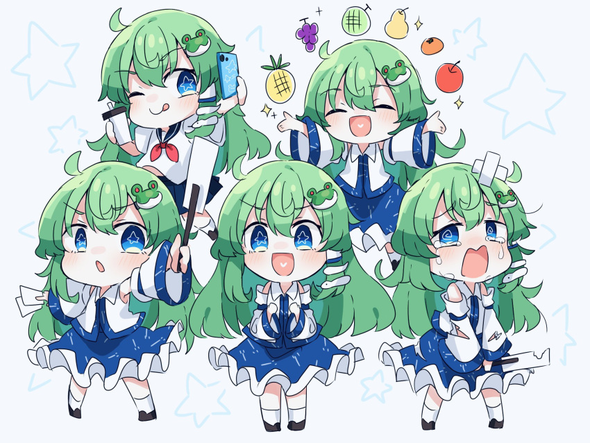 bandages bare_shoulders blue_eyes blue_skirt cellphone chibi closed_eyes collared_shirt crying cup detached_sleeves excited food frog_hair_ornament fruit gohei green_hair hair_ornament highres holding holding_cup holding_gohei kochiya_sanae light_blush long_hair mizuni_takenoko neckerchief ofuda one_eye_closed open_mouth outstretched_hand phone red_neckerchief sad sailor_collar school_uniform serafuku shirt single_hair_tube skirt smartphone smile snake_hair_ornament star_(symbol) star_in_eye symbol_in_eye tongue tongue_out torn_clothes touhou white_serafuku