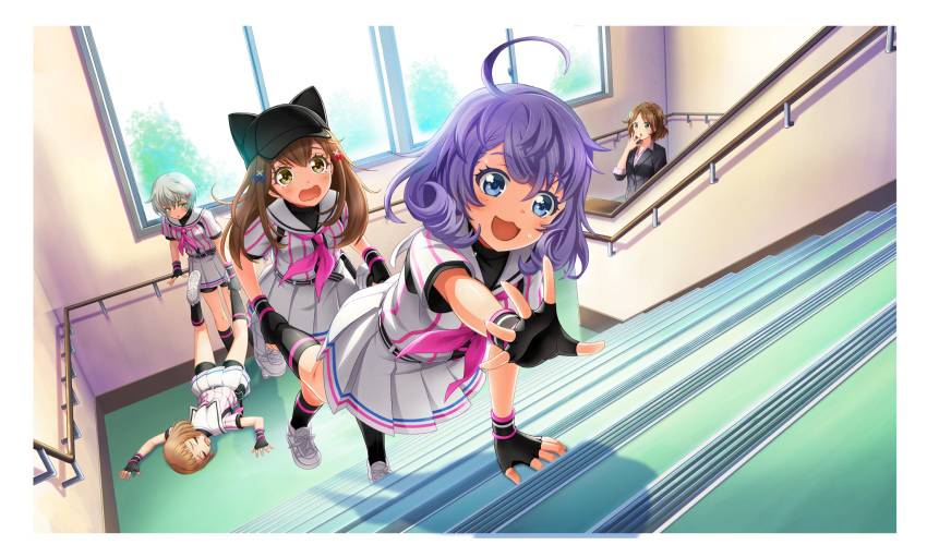 5girls :d ahoge amakusa_kotone animal_hat asada_aoi asahina_iroha baseball_cap baseball_uniform belt belt_buckle belt_pouch bike_shorts_under_skirt black_belt black_gloves black_hat black_jacket black_pouch black_shorts black_socks black_undershirt blue_bow blue_eyes border bow brown_eyes brown_hair buckle cat_hat cinderella_series closed_eyes curly_hair exercising fingerless_gloves game_cg gloves hachigatsu_no_cinderella_nine hair_bow hair_ornament hat highres holding_another's_legs indoors jacket kakehashi_momoko long_hair multiple_girls neckerchief non-web_source official_art open_mouth outstretched_arm pink_neckerchief pleated_skirt pouch purple_hair red_bow school shirt shirt_under_shirt short_hair short_sleeves shorts skirt smile socks sportswear stairs standing striped_belt striped_clothes striped_shirt sweatdrop teardrop ukita_akane vertical-striped_clothes vertical-striped_shirt wavy_mouth white_border white_hair white_sneakers wind wristband