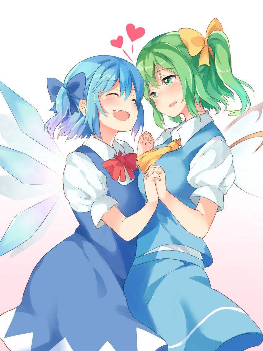 2girls alternate_hairstyle ascot bangs blue_bow blue_dress blue_hair blue_skirt blue_vest blush bow breast_press breasts cirno closed_eyes commentary_request daiyousei dress fairy fairy_wings fang green_eyes green_hair hair_between_eyes hair_bow hairstyle_connection happy heads_together heart highres holding_hands ice ice_wings interlocked_fingers looking_at_another medium_breasts medium_hair multiple_girls nagomian open_mouth puffy_short_sleeves puffy_sleeves red_bow shirt short_hair short_sleeves side_ponytail sidelocks simple_background skirt small_breasts symmetrical_docking touhou vest white_background white_shirt wings yellow_ascot yellow_bow