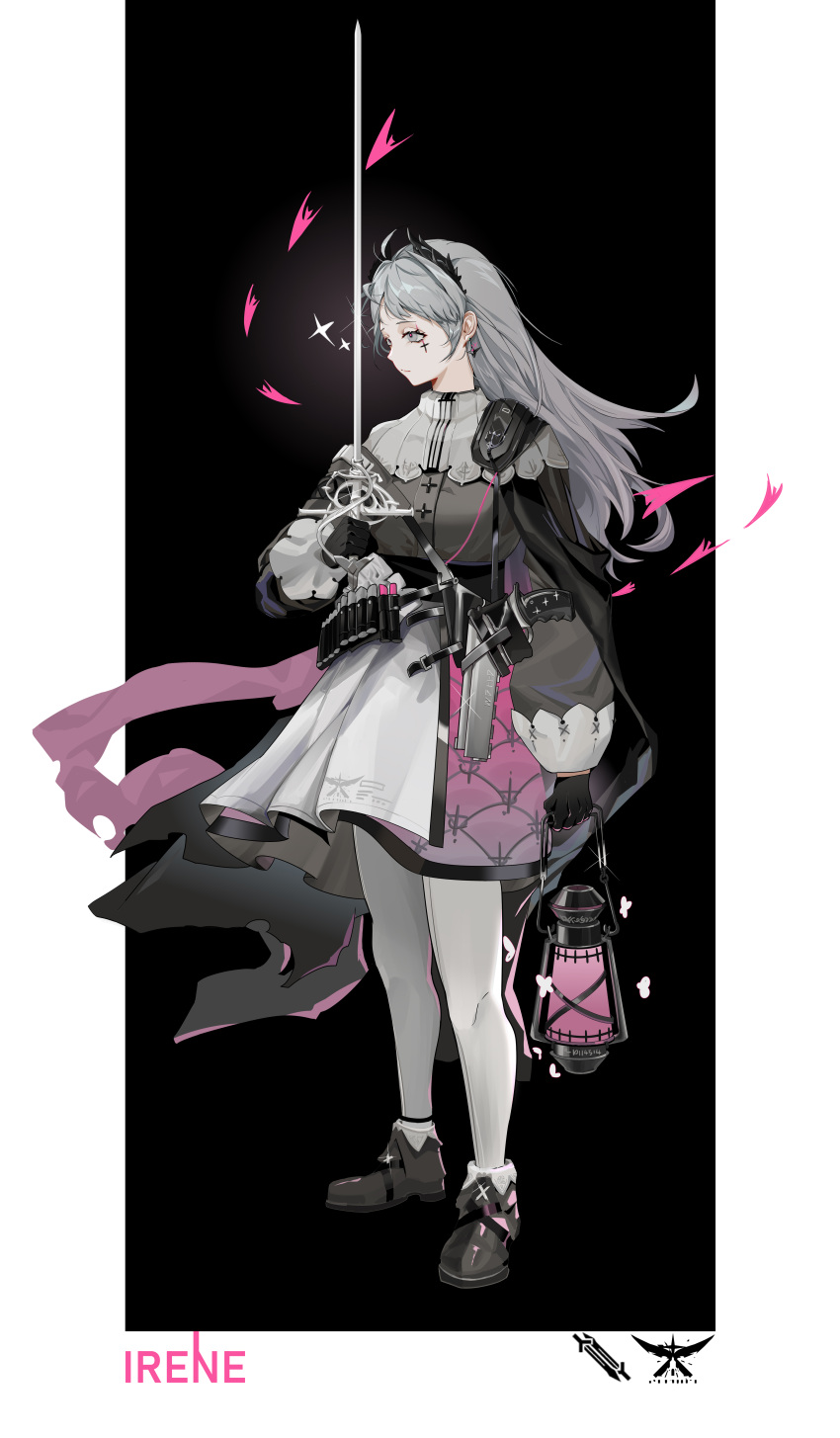 1girl absurdres ammunition_belt arknights black_cape black_footwear black_gloves breasts cape capelet character_name closed_mouth commentary dangle_earrings earrings expressionless eyelashes front-seamed_legwear full_body gloves grey_eyes grey_hair grey_shirt gun handgun head_wings highres holding holding_lantern holding_sword holding_weapon holster irene_(arknights) jewelry lantern layered_skirt long_hair medium_breasts pantyhose pink_pupils pink_skirt rapier scar scar_across_eye seamed_legwear shenhaijiaolonglaohuadeng shirt shoes skirt solo standing sword torn_cape torn_clothes two-tone_skirt weapon white_capelet white_pantyhose white_skirt