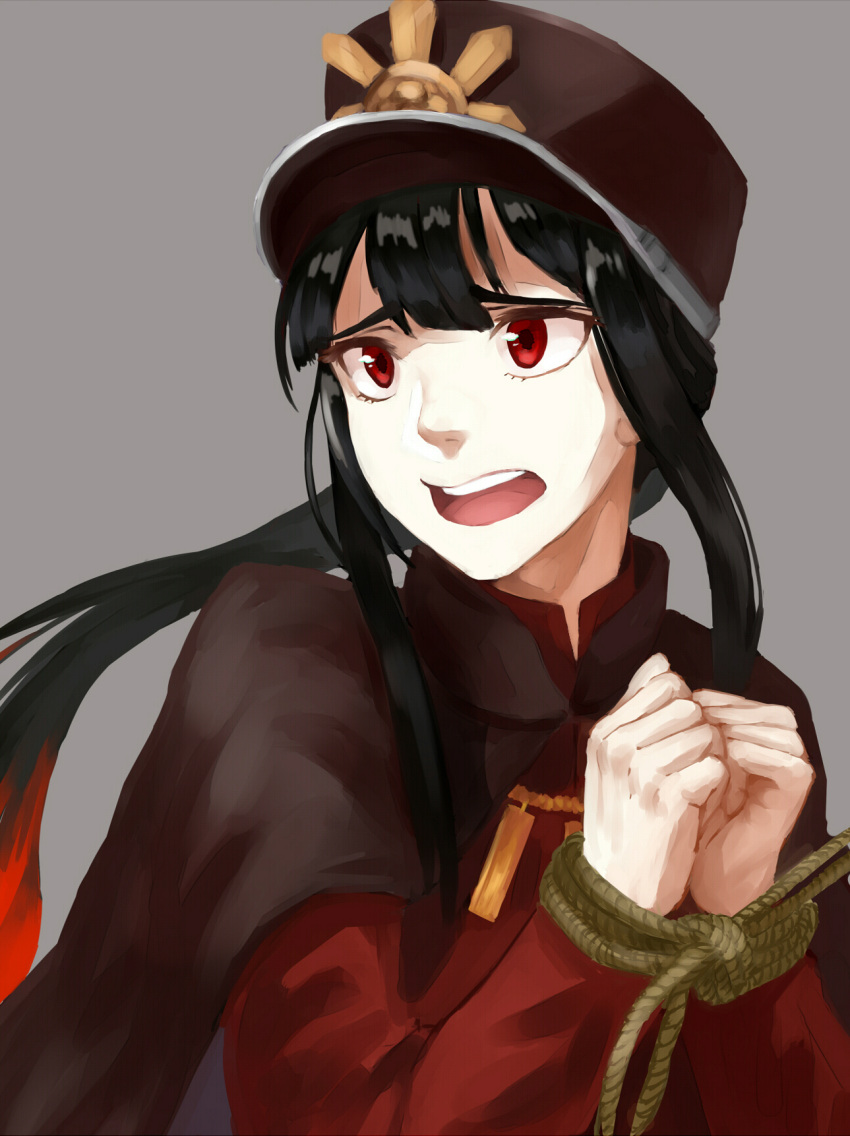 1boy black_cape black_hair black_hat bound bound_wrists cape center-flap_bangs crest family_crest fate/grand_order fate_(series) fiery_hair floating_hair grey_background hair_between_eyes hands_up hat high_collar highres jacket kepi long_hair long_sleeves low_ponytail male_focus military_hat oda_nobukatsu_(fate) oda_uri open_mouth own_hands_together ponytail raised_eyebrows red_eyes red_jacket rope sidelocks simple_background solo teeth upper_body upper_teeth_only worried yasaidon