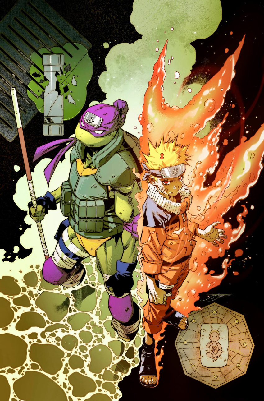 2boys aura baby back-to-back bandana blonde_hair bo_staff claws donatello_(tmnt) facial_mark fingerless_gloves forehead_protector gloves grate headband highres jorge_jimenez konohagakure_symbol looking_at_viewer mask multiple_boys naruto naruto_(series) official_art red_eyes serious sewer_grate teenage_mutant_ninja_turtles teenage_mutant_ninja_turtles_(idw) toeless_footwear turtle_boy uzumaki_naruto water whisker_markings