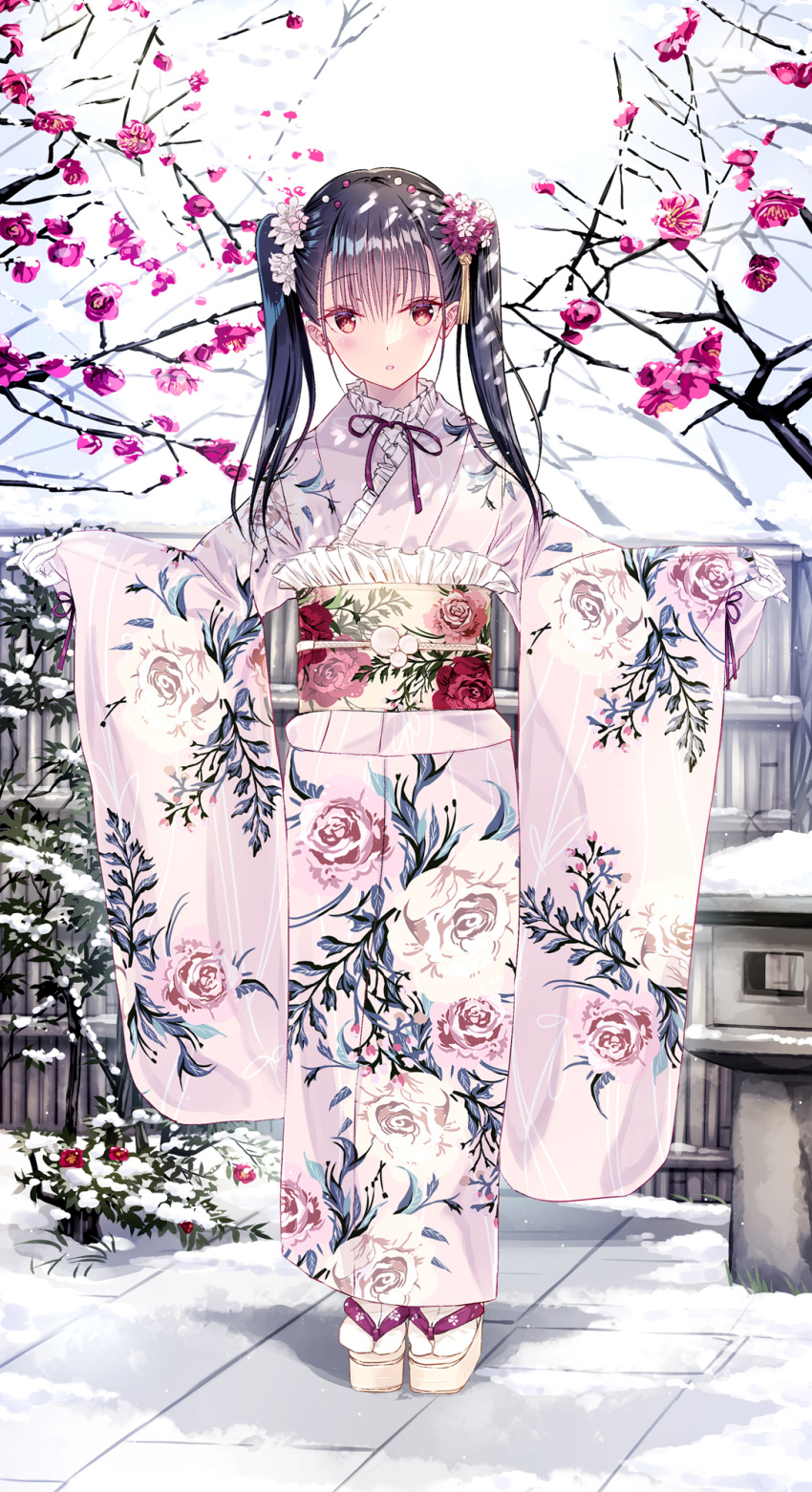 1girl :o bamboo_fence black_hair blush chinese_commentary commentary_request day english_commentary fence floral_print flower full_body furisode gloves hair_ornament highres japanese_clothes kanzashi kimono kobayashi_chisato looking_at_viewer mixed-language_commentary neck_ribbon obi obiage obijime okobo orange_eyes original outstretched_arms parted_lips pink_kimono red_ribbon ribbon sash snow solo spread_arms standing stone_floor tabi tree twintails white_gloves