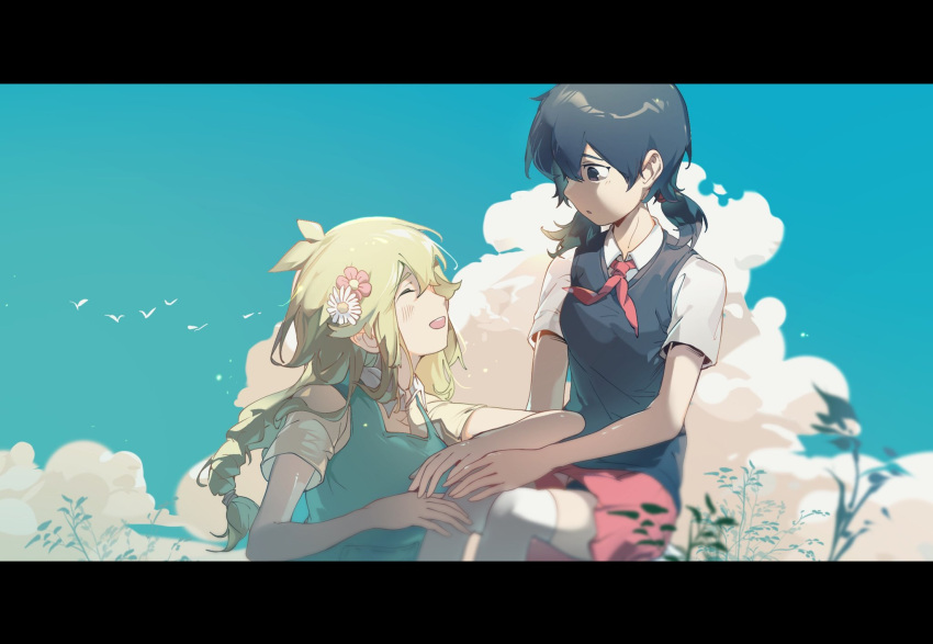 2girls basil_(omori) black_hair blonde_hair blue_eyes blush braid closed_eyes collared_shirt facing_another flower genderswap genderswap_(mtf) hair_flower hair_ornament highres letterboxed long_hair looking_at_another low_twintails medium_hair multiple_girls neckerchief omori open_mouth parted_lips red_neckerchief red_skirt shirt short_sleeves short_twintails skirt smile sunny_(omori) teeth thigh-highs twin_braids twintails upper_teeth_only white_shirt white_thighhighs zs_zealsummer