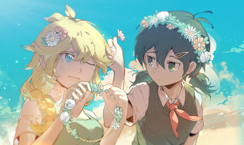 2girls basil_(omori) black_hair blonde_hair blue_eyes braid closed_mouth collared_shirt flower genderswap genderswap_(mtf) hair_flower hair_ornament hairclip highres long_hair looking_at_another low_twintails medium_hair multiple_girls neckerchief omori one_eye_closed open_mouth red_neckerchief shirt short_sleeves short_twintails smile sunny_(omori) teeth twin_braids twintails upper_teeth_only white_shirt zs_zealsummer