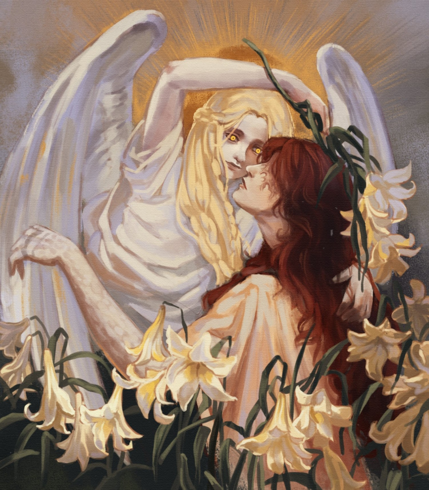 1boy 1girl androgynous angel_wings blind blonde_hair brother_and_sister buttercup_(flower) commentary elden_ring english_commentary fine_art_parody flower highres long_hair looking_down looking_up lowstrear malenia_blade_of_miquella miquella_(elden_ring) no_eyes parody reaching redhead scar siblings style_parody white_tunic wings yellow_eyes