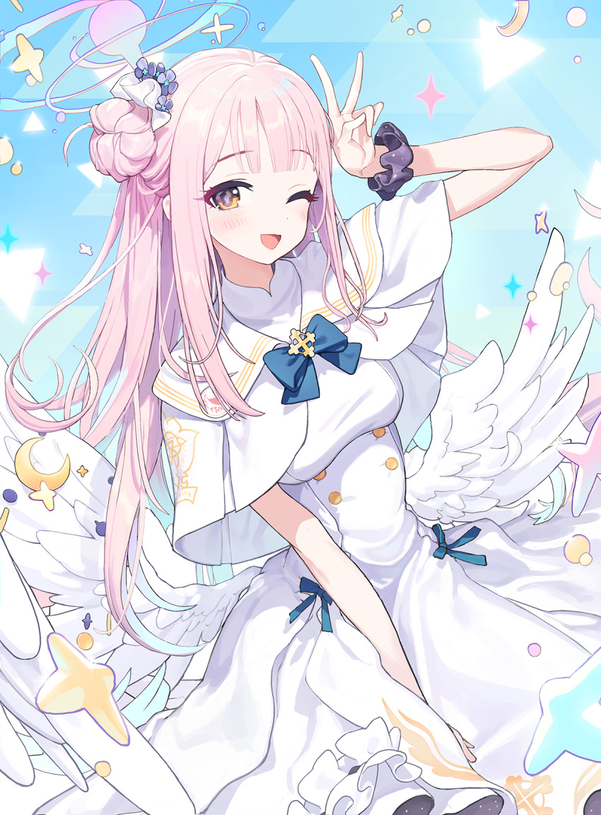 1girl ;d blue_archive blue_background blue_bow blue_bowtie blush bow bowtie capelet dress feathered_wings flower hair_bun hair_flower hair_ornament hair_scrunchie halo highres looking_at_viewer low_wings mika_(blue_archive) one_eye_closed open_mouth pink_hair punc_p scrunchie single_side_bun smile solo v white_capelet white_dress white_wings wings wrist_scrunchie yellow_eyes