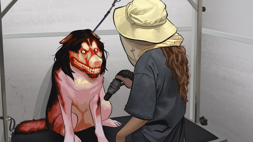 1girl angusburgers brown_hair creepypasta girl_with_the_dogs hat highres holding indoors long_hair looking_at_another open_mouth real_life shirt short_sleeves sitting smile_dog standing teeth