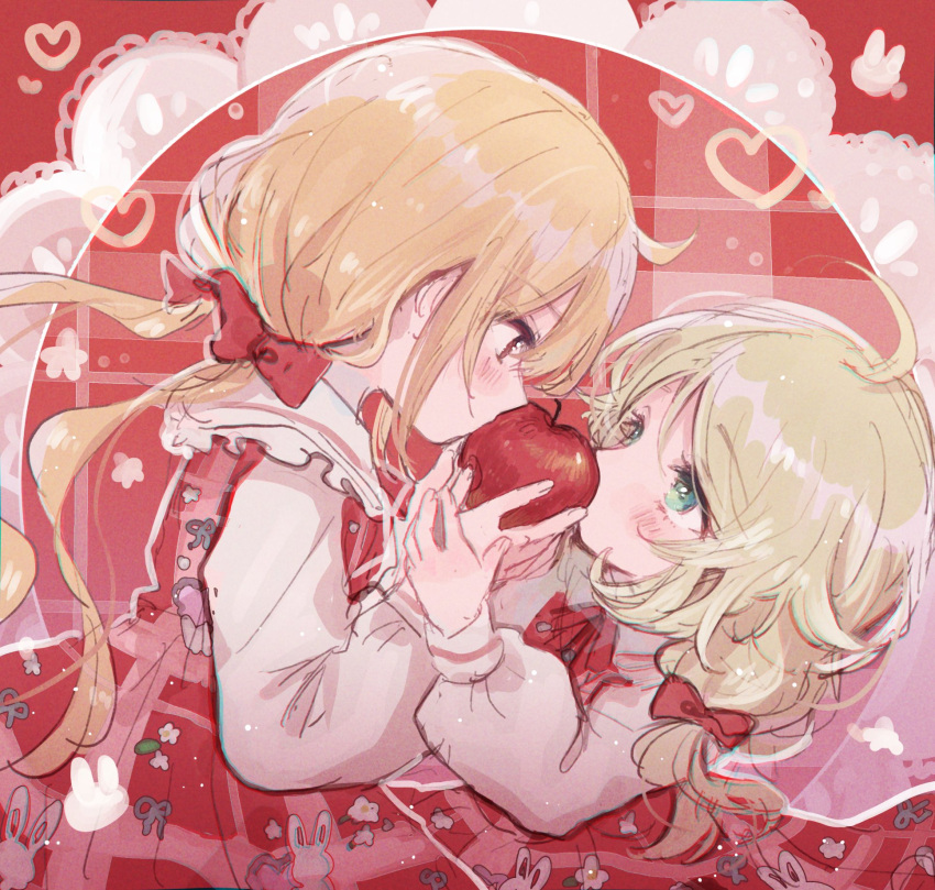 2girls ahoge ankz_chang apple blonde_hair blush dress eye_contact food fruit futaba_anzu hand_on_hand highres holding holding_food holding_fruit idolmaster idolmaster_cinderella_girls long_sleeves looking_at_another multiple_girls pinafore_dress plaid plaid_dress puffy_long_sleeves puffy_sleeves red_dress short_twintails twintails yuri yusa_kozue