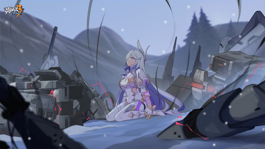 1girl bangs breasts day formal gloves hare_(honkai_impact) high_heels highres honkai_(series) honkai_impact_3rd kneeling large_breasts logo looking_up mountain official_art official_wallpaper robot snow snowing solo suit white_gloves white_hair white_headwear white_suit