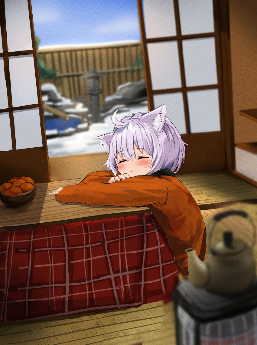 1girl absurdres aged_down ahoge animal_ears bangs blush cat_ears cat_girl child closed_eyes crossed_bangs female_child food fruit hair_between_eyes highres hololive indoors kettle kotatsu mandarin_orange nekomata_okayu orange_sweater purple_hair short_hair sitting sleeping sweater table virtual_youtuber yukimachi_urei