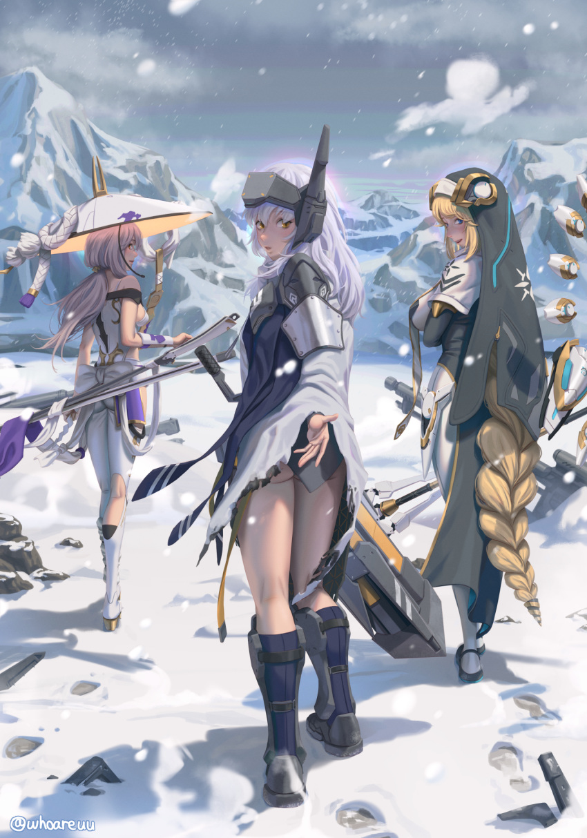 3girls arm_guards arm_under_breasts armor armored_boots black_dress blonde_hair blue_eyes bodysuit boots braid breasts cloak clothing_cutout detached_wings dress from_behind full_body goddess_of_victory:_nikke grey_hair habit hat highres hip_vent holding holding_staff jingasa large_hat leg_cutout leotard long_braid long_hair looking_at_viewer looking_back mechanical_wings mountain multiple_girls nun open_mouth outdoors rapunzel_(nikke) reaching_towards_viewer rock scabbard scarlet_(nikke) sheath shoulder_armor sideboob single_braid sky snow snow_white_(nikke) snowing staff standing sword thighs twitter_username very_long_hair visor_(armor) visor_lift weapon white_bodysuit white_cloak white_hair white_leotard who_whoareuu wings wreckage wrist_guards yellow_eyes