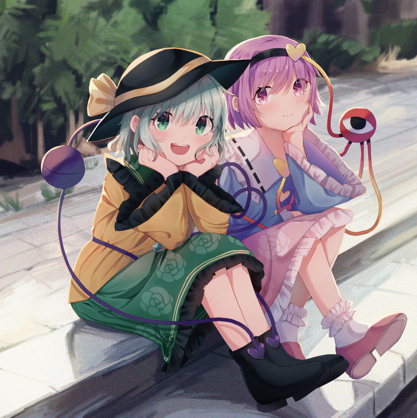 2girls :d absurdres bangs black_headwear blush boots cibiscuit closed_mouth day eyebrows_hidden_by_hair floral_print frilled_shirt_collar frilled_sleeves frills full_body green_hair green_skirt hair_between_eyes hair_ornament hairband hand_on_own_cheek hand_on_own_face happy heart heart_hair_ornament heart_of_string highres komeiji_koishi komeiji_satori multiple_girls outdoors pink_hair pink_skirt rose_print shirt short_hair siblings sisters sitting skirt smile swept_bangs teeth third_eye touhou upper_teeth_only wide_sleeves yellow_shirt