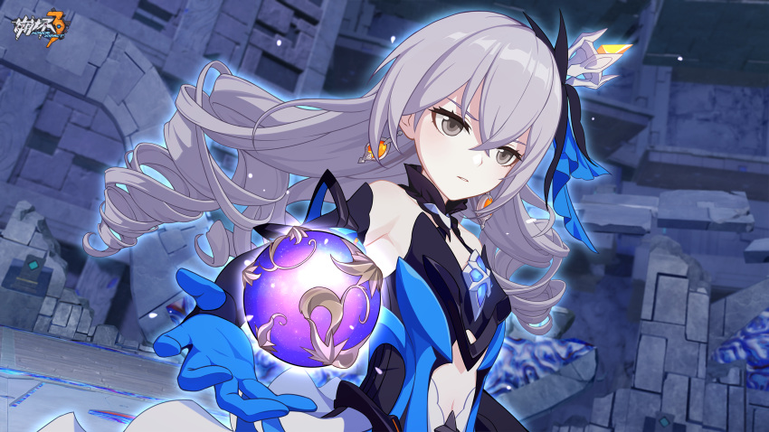 1girl bangs blue_gloves breasts bronya_zaychik bronya_zaychik_(herrscher_of_reason) crown drill_hair earrings gloves grey_hair highres holding honkai_(series) honkai_impact_3rd jewelry logo long_sleeves navel official_art official_wallpaper open_mouth orb small_breasts solo