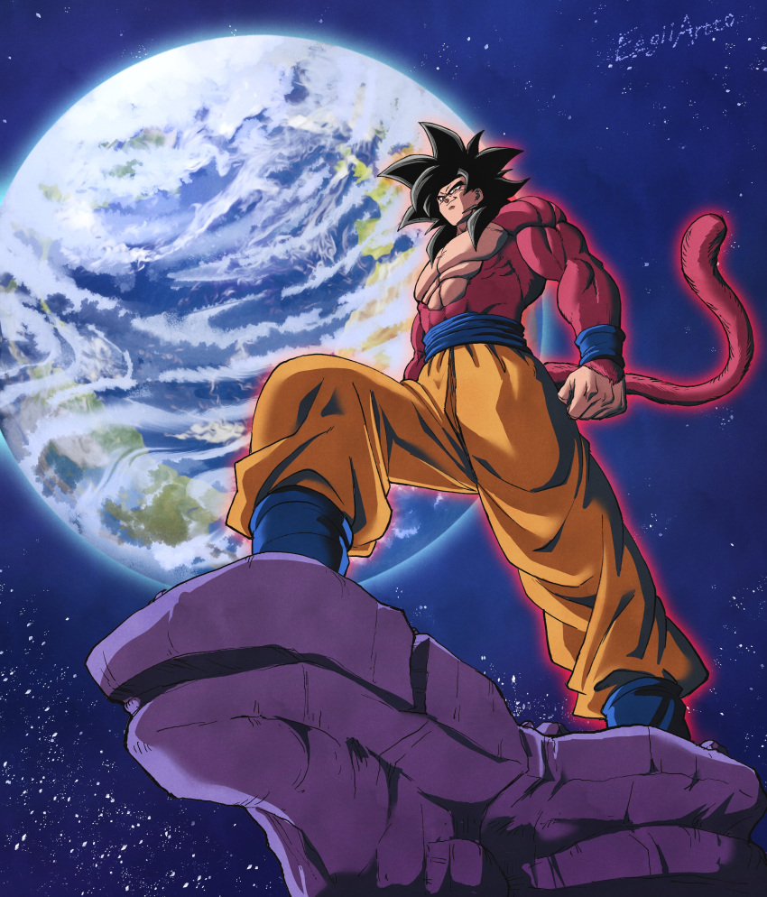 1boy abs absurdres black_hair body_fur closed_mouth dragon_ball dragon_ball_gt earth_(planet) eegiiartto from_below highres large_pectorals looking_down male_focus monkey_boy monkey_tail muscular muscular_male pants pectorals pink_fur planet smirk solo son_goku space spiky_hair standing super_saiyan super_saiyan_4 tail topless_male yellow_eyes yellow_pants