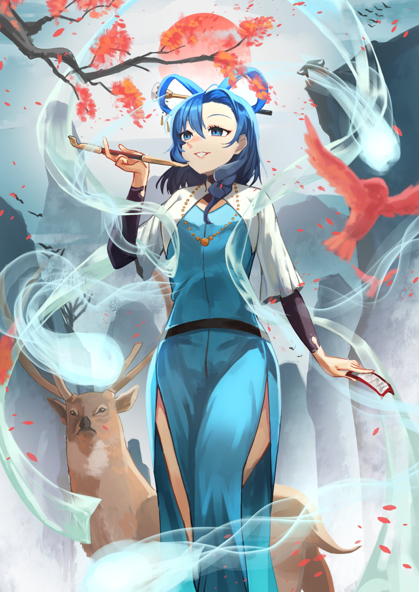 1girl absurdres animal bangs bird blue_dress blue_eyes blue_hair branch cherry_blossoms chinese_clothes chisel commentary deer dress feet_out_of_frame from_below full_moon hagoromo haido_(unisan) hair_between_eyes hair_ornament hair_rings hair_stick hand_up highres holding holding_smoking_pipe jewelry kaku_seiga kiseru leaf long_hair long_sleeves looking_afar medium_hair moon necklace ofuda outdoors petals petals_on_liquid red_moon shawl smoking_pipe standing touhou tree vest water white_vest