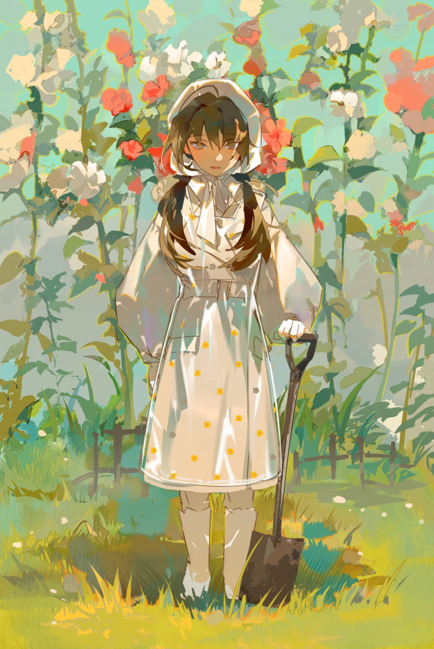 1girl ahoge bangs bonnet boots brown_eyes brown_hair closed_mouth day expressionless fence flower garden gardening grass highres long_hair long_sleeves looking_at_viewer original outdoors red_flower red_rose rose see-through shirt shovel solo standing straight-on twintails white_flower white_footwear white_headwear white_shirt zzhehehezz