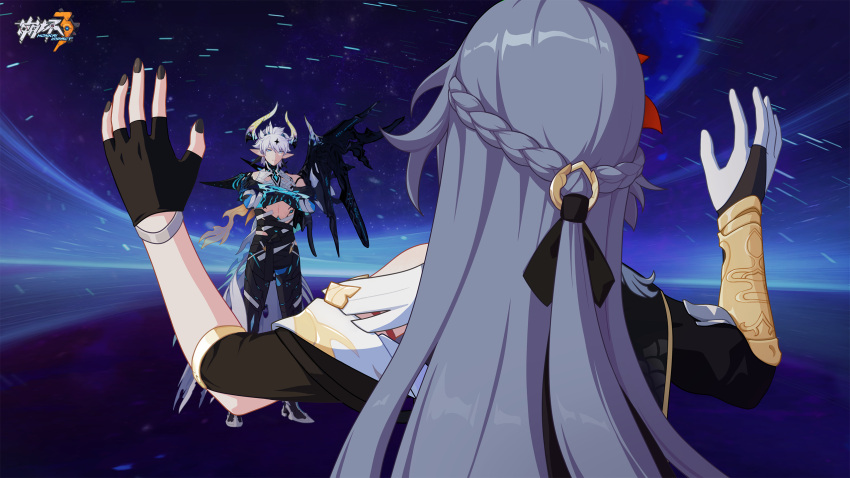 1boy 1girl asymmetrical_clothes black_nails black_wings chinese_clothes crossed_arms fingerless_gloves fu_hua fu_hua_(herrscher_of_sentience) gloves grey_hair highres honkai_(series) honkai_impact_3rd horns kevin_kaslana logo looking_at_viewer official_art official_wallpaper pointy_ears single_wing standing star_(symbol) upper_body white_gloves white_hair wings