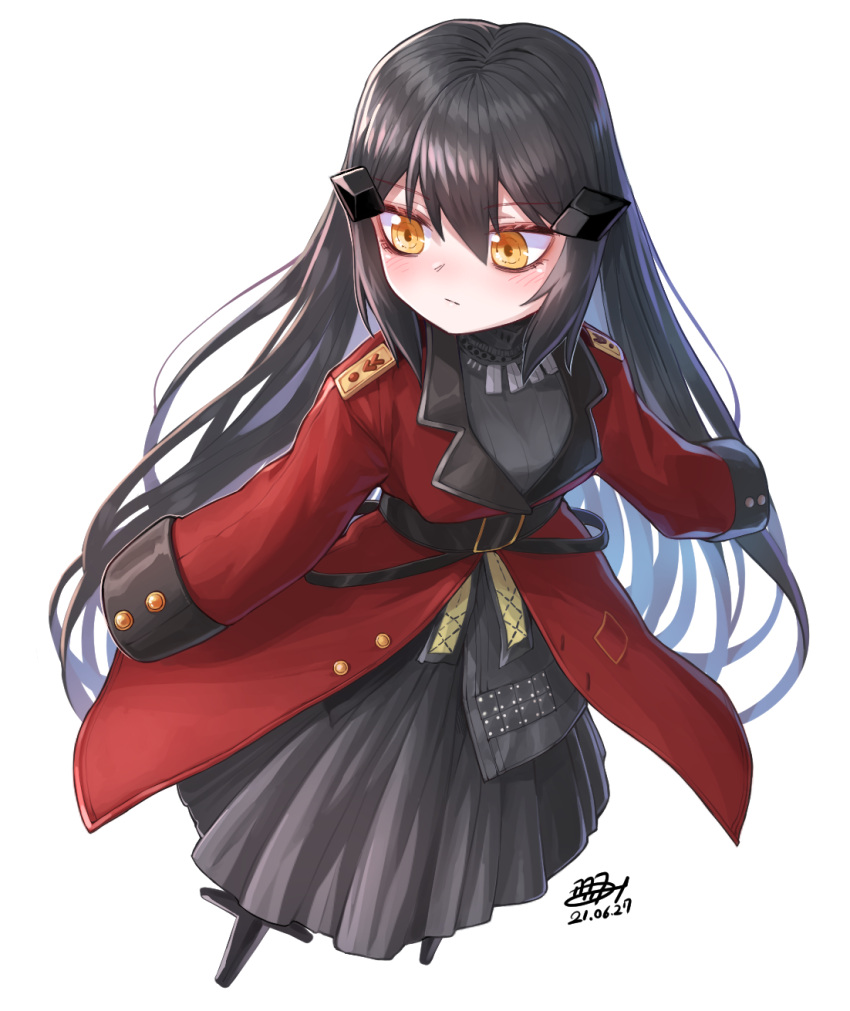 1girl black_dress black_hair blush commentary_request dandelion_(girls'_frontline) dated dress expressionless full_body girls_frontline griffin_&amp;_kryuger_military_uniform hair_between_eyes headgear highres jacket kokukyukeo korean_commentary long_hair long_sleeves looking_away red_jacket simple_background sleeves_past_wrists solo white_background yellow_eyes