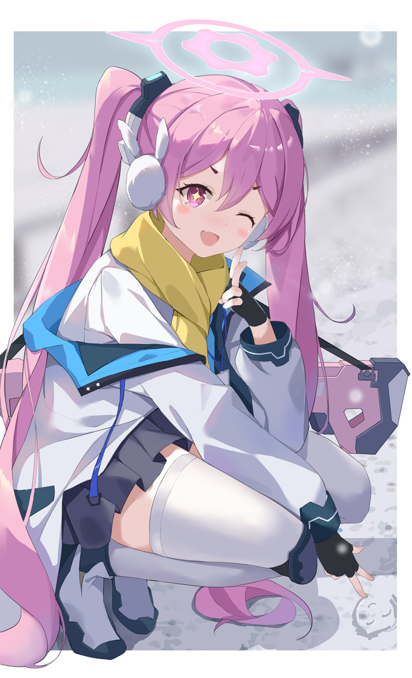 +_+ 1girl black_gloves blue_archive border bunny_earmuffs collared_shirt earmuffs fang fingerless_gloves gloves halo highres jacket knee_pads koyuki_(blue_archive) long_hair looking_at_viewer one_eye_closed open_mouth outside_border pink_eyes pink_hair scarf serika shirt skin_fang snow snowing solo squatting thigh-highs twintails two-sided_fabric two-sided_jacket very_long_hair white_border white_footwear white_jacket white_shirt white_thighhighs yellow_scarf zettai_ryouiki