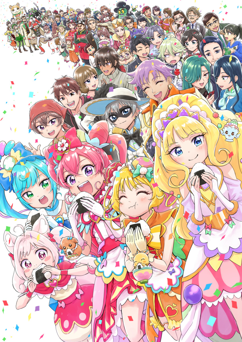 6+girls :d absolutely_everyone absurdres animal_ears annotation_request arms_up backwards_hat big_hair black_pepper_(precure) blonde_hair blue_bow blue_eyes blue_hair blush_stickers bow bridal_gauntlets brooch brother_and_sister brothers brown_hair bun_cover butler capelet cellphone character_request chinese_clothes closed_eyes closed_mouth clothing_cutout cone_hair_bun confetti crown cure_finale cure_precious cure_spicy cure_yum-yum dark-skinned_male dark_skin delicious_party_precure dog domino_mask double_bun dragon dress eating endou_iroha everyone facial_hair father_and_daughter father_and_son folding_fan food fox_ears fox_girl fox_tail fuwa_hatsuko fuwa_kokone gloves grandmother_and_granddaughter green_eyes grey_hair hair_bow hair_bun hair_intakes hair_ornament hanamichi_ran hand_fan hand_on_headwear hat heart_brooch highres holding holding_fan holding_food holding_phone husband_and_wife itou_shin'ichi jewelry kasai_amane kome-kome_(precure)_(human) kumamon leaning_forward leg_up long_hair long_sleeves looking_at_another magical_girl mask medium_dress medium_hair mem-mem_(precure) mother_and_daughter mother_and_son multiple_girls mustache nagase_ena nagomi_akiho nagomi_yui narcistoru necklace onigiri open_mouth over-rim_eyewear pam-pam_(precure) panda_hat pearl_necklace phone pink_hair precure purple_hair purple_headwear recipipi rectangular_eyewear red_bow red_capelet red_dress red_eyes rosemary_(precure) scared school_uniform secretoru_(precure) semi-rimless_eyewear shinada_an shinada_takumi shinsen_middle_school_uniform short_dress short_hair shoulder_cutout siblings side_ponytail sisters sleeveless sleeveless_dress smartphone smile standing standing_on_one_leg sun_hat tail takada_risa tiara twintails two_side_up under-rim_eyewear very_long_hair violet_eyes waving white_gloves white_headwear wristband