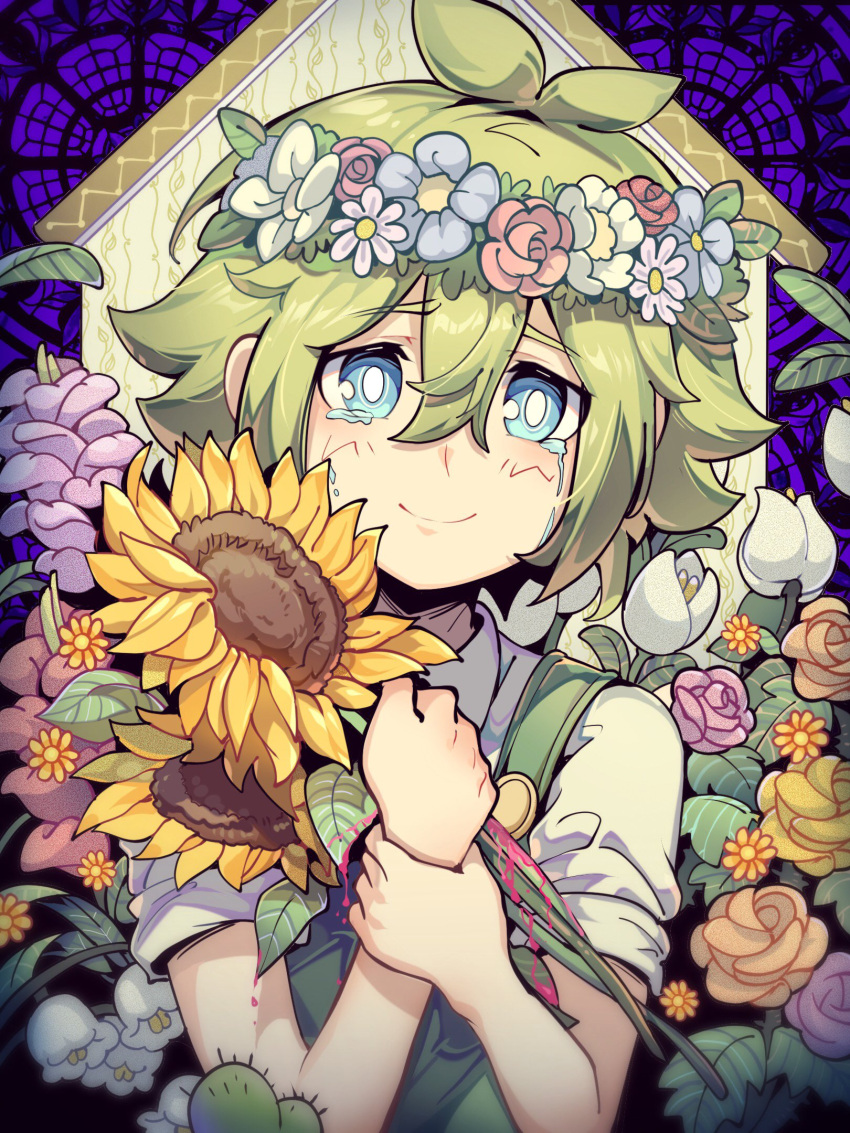 1boy basil_(omori) blonde_hair blood blood_on_hands blue_eyes blush bright_pupils cactus closed_mouth collared_shirt crying crying_with_eyes_open flower gladiolus green_sweater_vest head_wreath highres holding holding_flower lily_of_the_valley looking_at_viewer omori rose shirt short_hair smile solo sunflower sweater_vest tears tulip white_pupils white_shirt zs_zealsummer