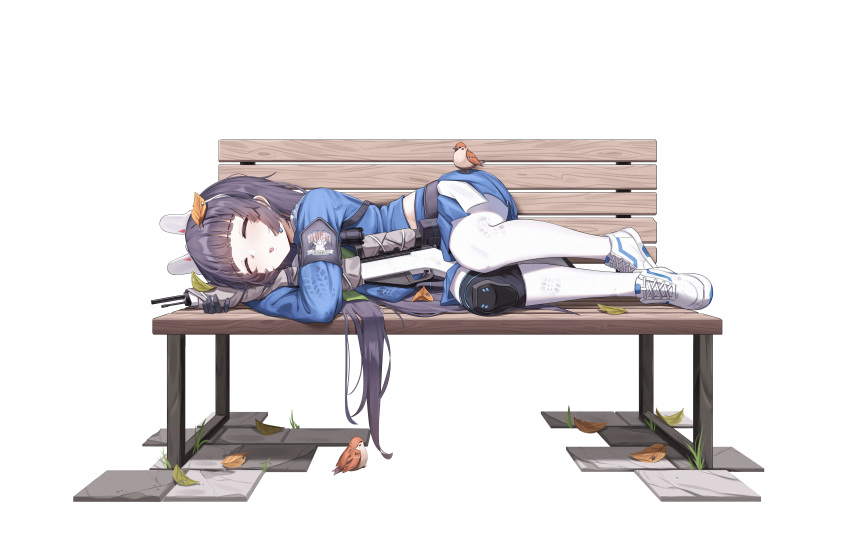 1girl absurdres bangs bench bird black_hair blue_archive blush bolt_action commentary di_le_to full_body gun highres knee_pads leaf long_hair miyu_(blue_archive) mosin-nagant object_hug open_mouth pantyhose rifle school_uniform shoes sleeping solo weapon white_background