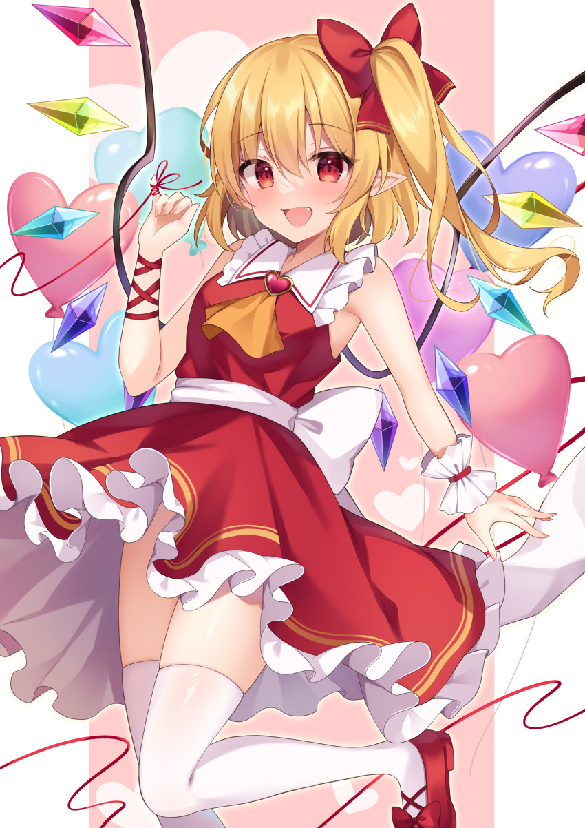 1girl absurdres ascot balloon bangs blonde_hair blush crystal dress flandre_scarlet frilled_dress frills hair_between_eyes heart_balloon highres long_hair miy@ open_mouth pointy_ears red_dress red_eyes red_footwear shoes side_ponytail sleeveless sleeveless_dress smile solo thigh-highs touhou white_thighhighs wings yellow_ascot