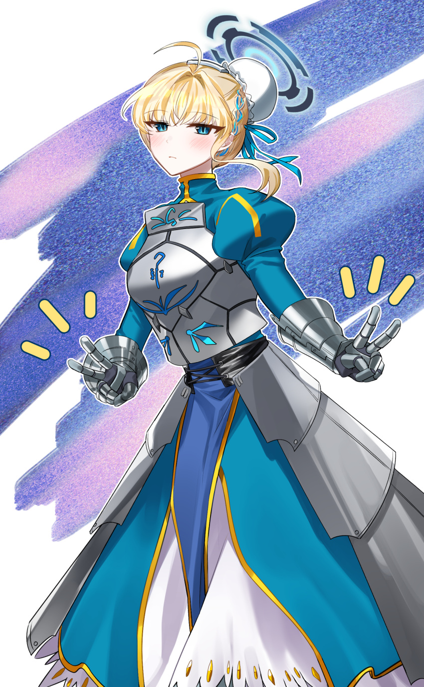 1girl absurdres ahoge armor armored_dress artoria_pendragon_(fate) blonde_hair blue_archive blue_eyes blue_ribbon blush braid breastplate closed_mouth cosplay double_v fate/grand_order fate_(series) feet_out_of_frame gauntlets hair_ribbon halo highres juliet_sleeves long_sleeves looking_at_viewer puffy_sleeves renirum_14 ribbon saber saber_(cosplay) short_hair simple_background solo toki_(blue_archive) v
