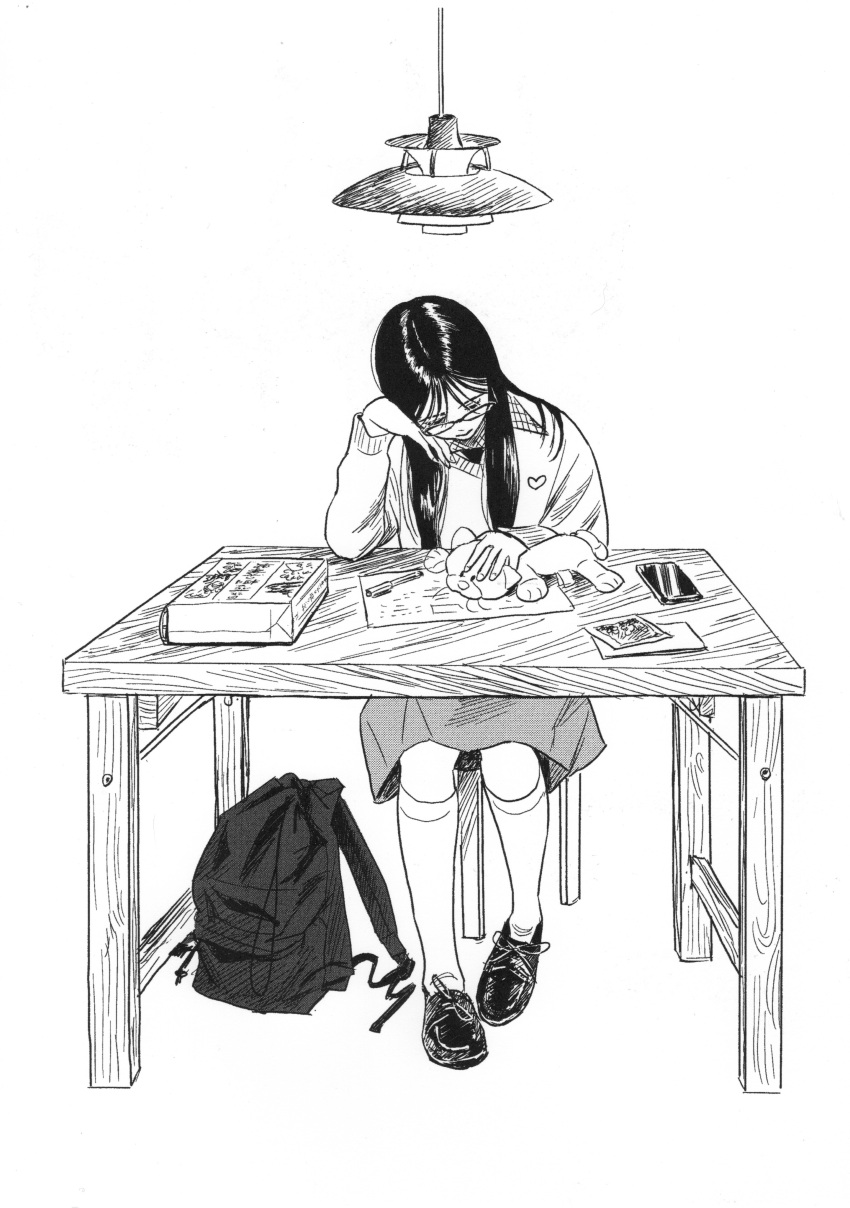 1girl absurdres bag greyscale highres kneehighs loafers long_hair long_sleeves monochrome ooyoko_yamaame original shoes skirt socks solo