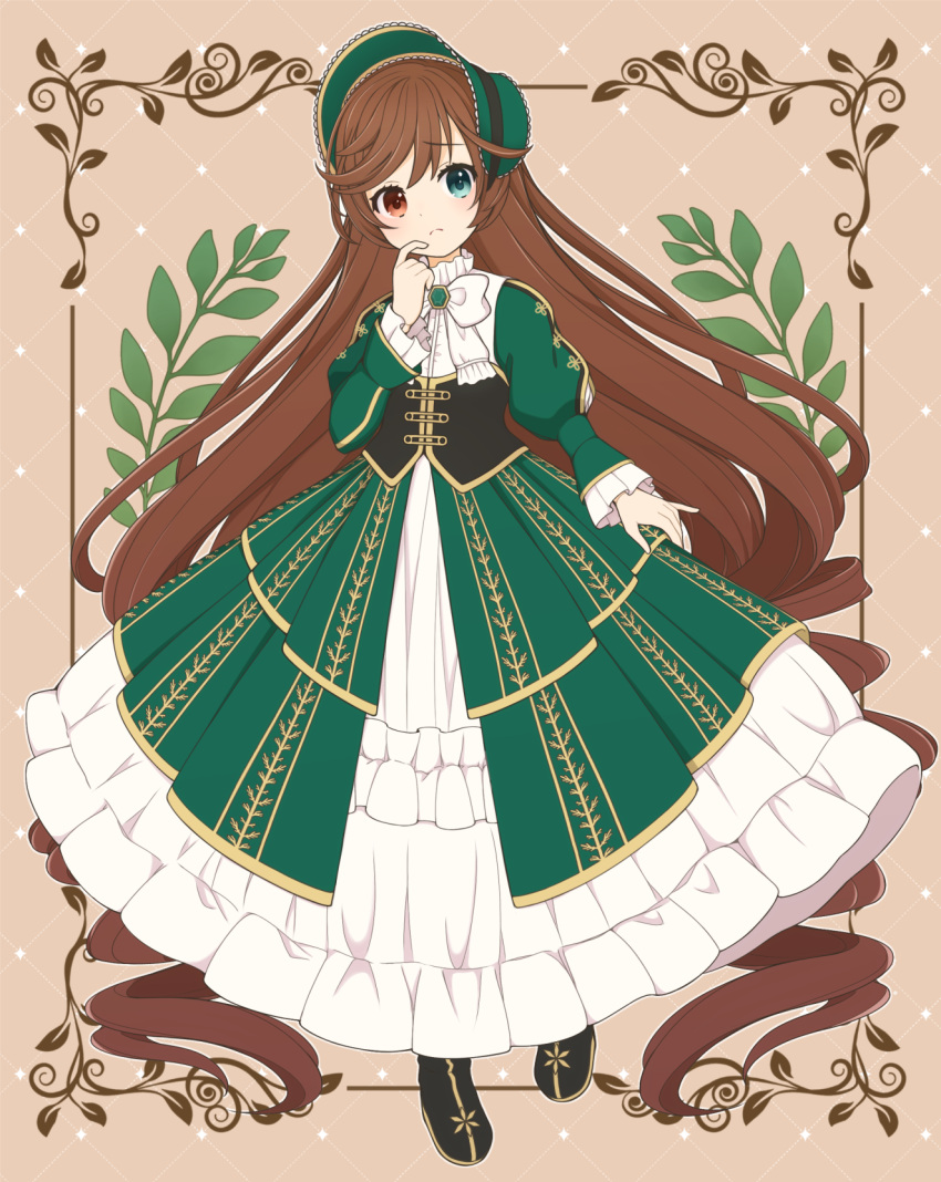1girl bangs black_corset black_footwear bonnet brown_background brown_hair closed_mouth corset dress drill_hair finger_to_face frilled_dress frills frown full_body furrowed_brow green_dress green_eyes green_headwear hand_up heterochromia highres light_blush long_hair looking_at_viewer red_eyes rozen_maiden shoes solo suiseiseki swept_bangs twin_drills very_long_hair yuka_(akira05071991)
