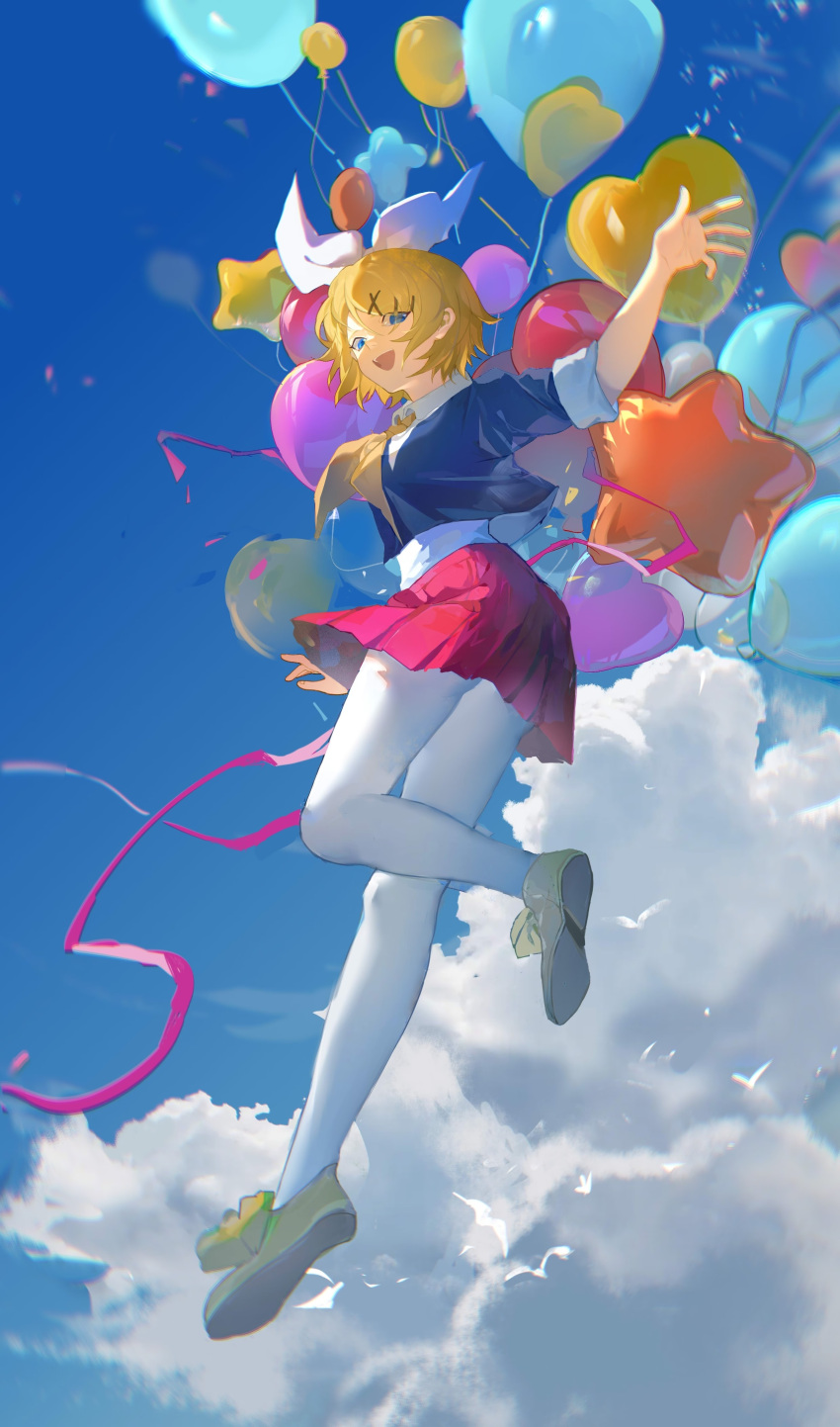 1girl :d absurdres ascot balloon black_jacket blonde_hair blue_eyes blue_sky bow clouds commentary full_body hair_bow hair_ornament highres jacket kagamine_rin lamp_(dpga2425) leg_up miniskirt open_mouth pantyhose pleated_skirt red_skirt shirt short_hair skirt sky sleeves_rolled_up smile solo vocaloid white_bow white_pantyhose white_shirt wing_collar x_hair_ornament yellow_ascot