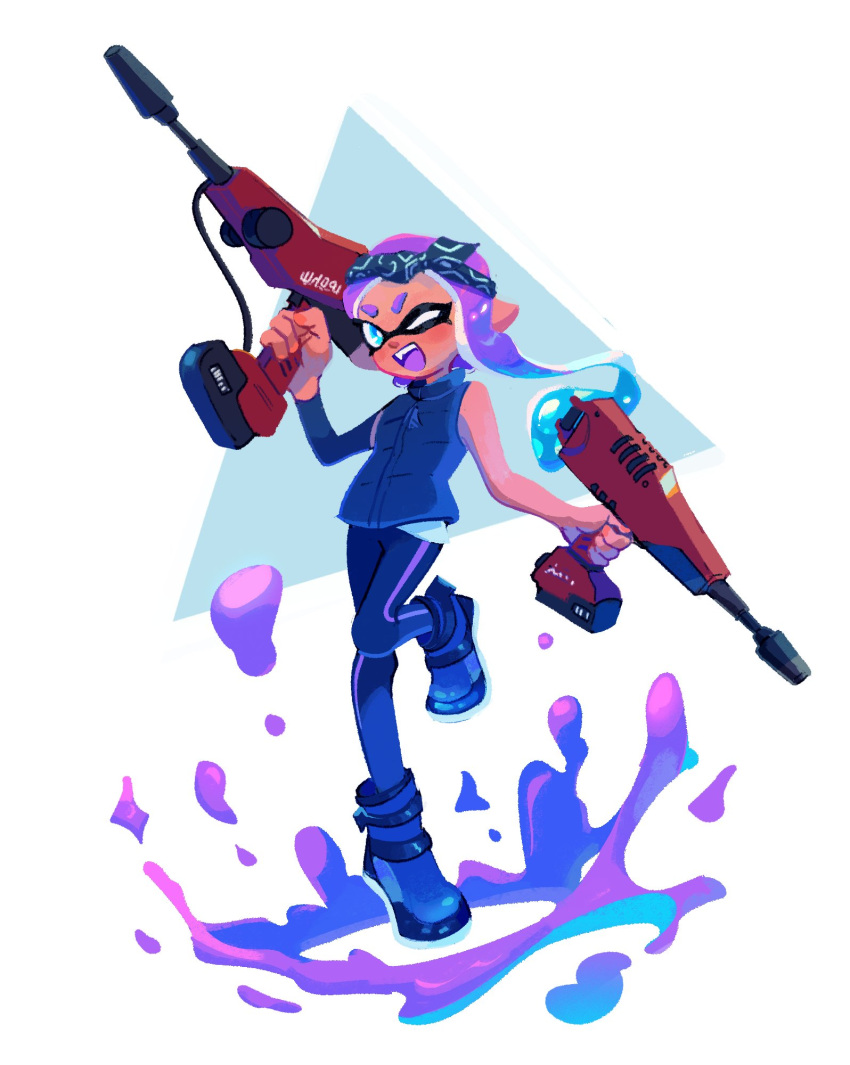 1girl black_vest blue_eyes commentary dual_wielding dualie_squelchers_(splatoon) english_commentary gun highres holding holding_gun holding_weapon ink inkling inkling_girl inkling_player_character long_hair one_eye_closed open_mouth paint pointy_ears purple_hair smile solo splatoon_(series) splatoon_3 standing standing_on_one_leg teeth tentacle_hair tokkibada upper_teeth_only vest weapon