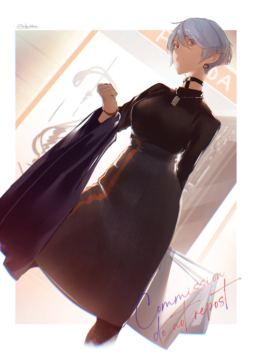 1girl alternate_costume belt black_dress blue_hair bracelet choker commentary_request commission dog_tags dress dutch_angle earrings english_text girls_frontline hair_between_eyes highres jewelry long_sleeves looking_at_viewer orange_eyes pixiv_commission saigakobaru short_hair smile solo zas_m21_(girls'_frontline)