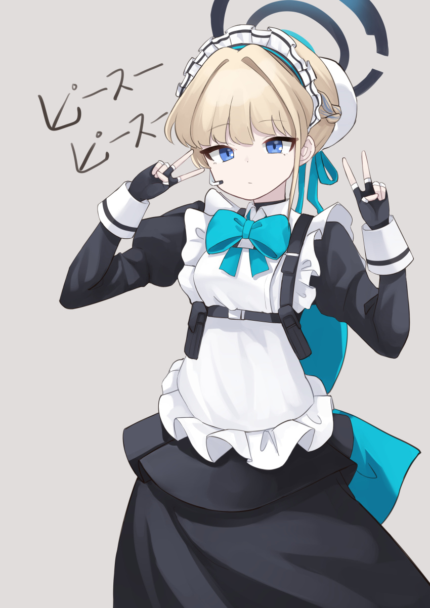 1girl absurdres apron black_dress black_gloves blonde_hair blue_archive blue_bow blue_bowtie blue_eyes bow bowtie breasts bun_cover closed_mouth double_v dress earpiece expressionless feet_out_of_frame fingerless_gloves gloves grey_background hair_bun hair_intakes halo hands_up harness highres juliet_sleeves long_sleeves looking_at_viewer maid_apron maid_headdress microphone pepsi2330 pouch puffy_sleeves short_hair simple_background small_breasts solo standing toki_(blue_archive) v