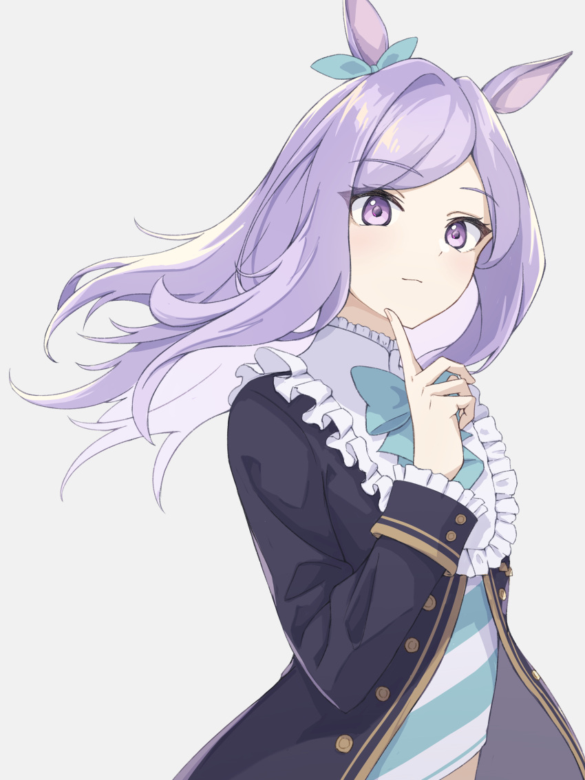 1girl absurdres animal_ears aqua_bow aqua_bowtie bangs black_jacket bow bowtie closed_mouth commentary ear_bow frills grey_background hair_bow hand_up highres horse_ears horse_girl index_finger_raised jacket light_purple_hair long_hair long_sleeves looking_at_viewer mejiro_mcqueen_(umamusume) simple_background smile solo swept_bangs tomatology3 umamusume upper_body violet_eyes wind