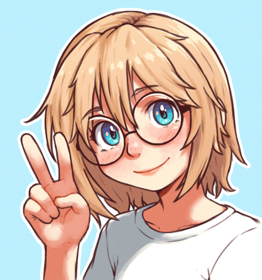 1boy beachepisode black-framed_eyewear blonde_hair blue_background blue_eyes blush closed_mouth collarbone gift_art glasses highres looking_at_viewer male_focus medium_hair original otoko_no_ko round_eyewear shirt simple_background smile solo t-shirt upper_body v white_shirt