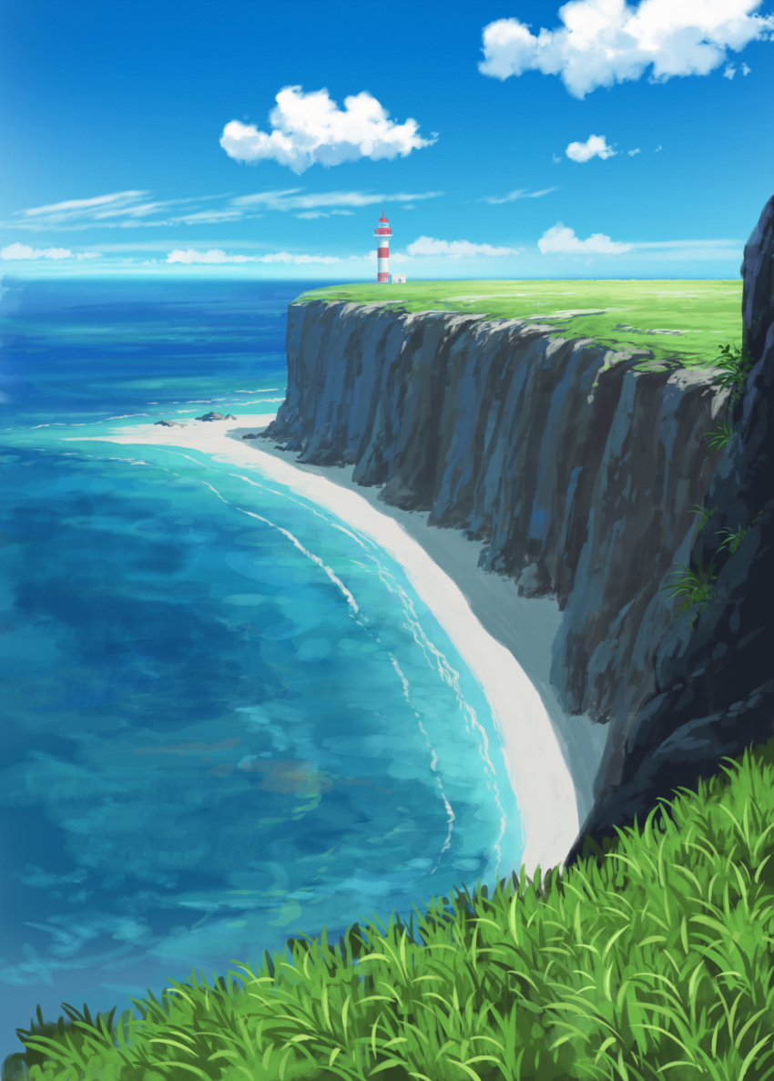 beach blue_sky cliff clouds commentary_request day grass highres horizon lighthouse no_humans ocean original outdoors pei_(sumurai) plant scenery shore sky water