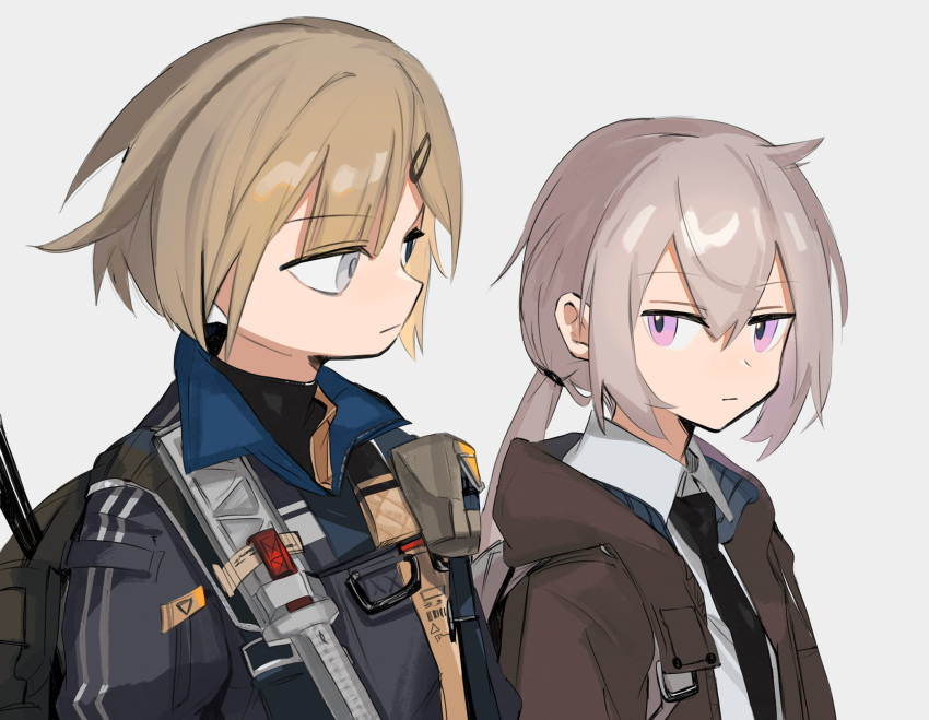 2girls ahoge black_eyes black_necktie blonde_hair chesed_(uporyz) collared_shirt commentary creator_connection expressionless girls_frontline grey_background grey_eyes grey_hair hair_between_eyes hair_ornament hairclip heterochromia highres jacket long_hair looking_at_another m200_(girls'_frontline) mg338_(girls'_frontline) multiple_girls necktie ponytail shirt short_hair upper_body violet_eyes white_shirt